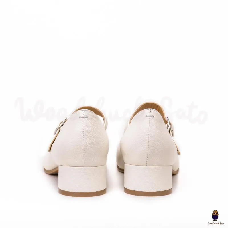 WoodChuckSato Women's Men's White Tabi Split-Toe Sheep Leather Mary Jane Shoes with 3cm Heel & Adjustable Strap Sizes EU 35-41