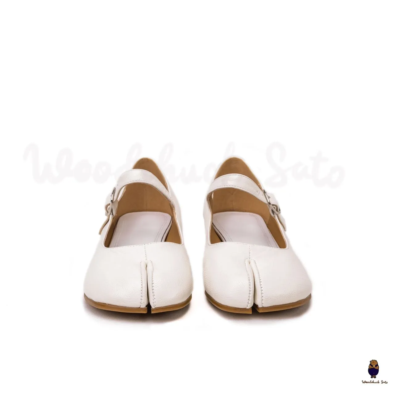 WoodChuckSato Women's Men's White Tabi Split-Toe Sheep Leather Mary Jane Shoes with 3cm Heel & Adjustable Strap Sizes EU 35-41