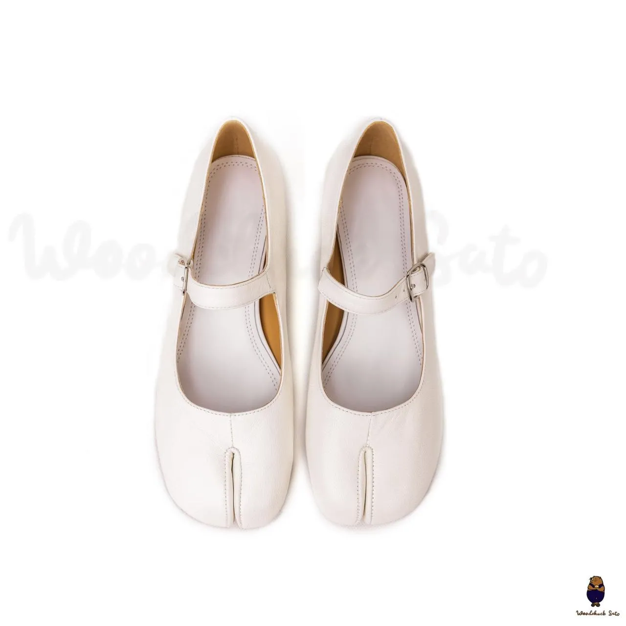 WoodChuckSato Women's Men's White Tabi Split-Toe Sheep Leather Mary Jane Shoes with 3cm Heel & Adjustable Strap Sizes EU 35-41