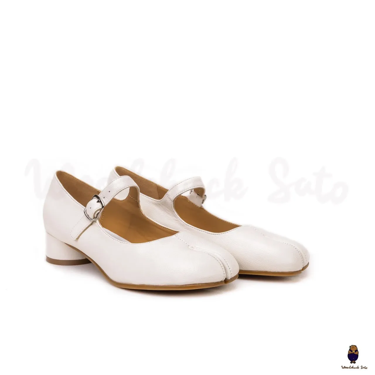 WoodChuckSato Women's Men's White Tabi Split-Toe Sheep Leather Mary Jane Shoes with 3cm Heel & Adjustable Strap Sizes EU 35-41
